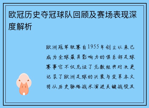 欧冠历史夺冠球队回顾及赛场表现深度解析